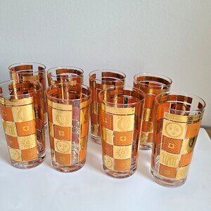 Georges Briard MCM 1960s Orange Gold Glasses Set of 8, Sun Lyre Column, Greek